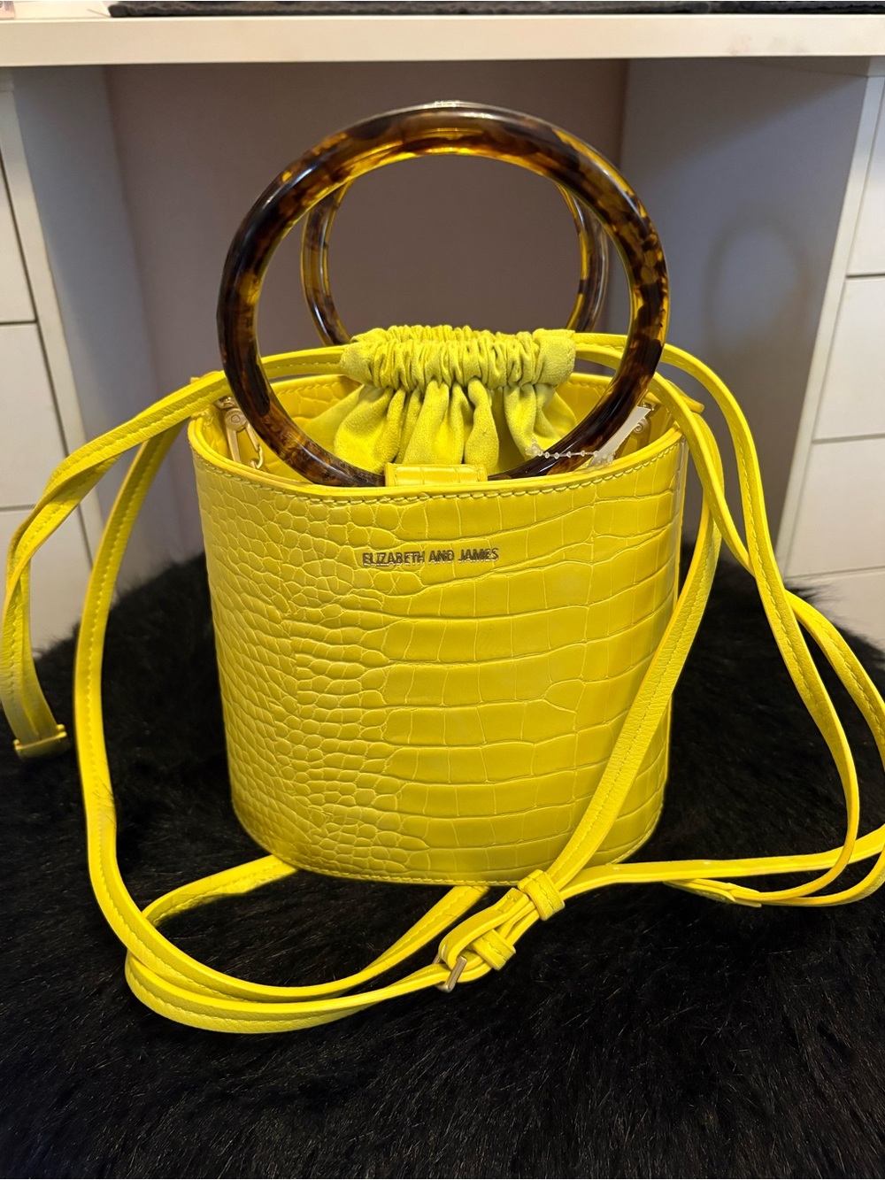 Elizabeth and James Yellow Croc-Embossed Bucket Bag with Tortoiseshell Handles